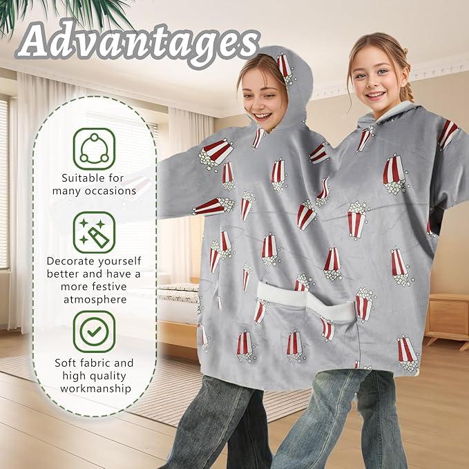 Couple Pajamas Funny Popcorn Flannel Matching Pajamas Oversized Hooded Sweatshirts with Pockets Unique Christmas Gift for Couples - Grey
