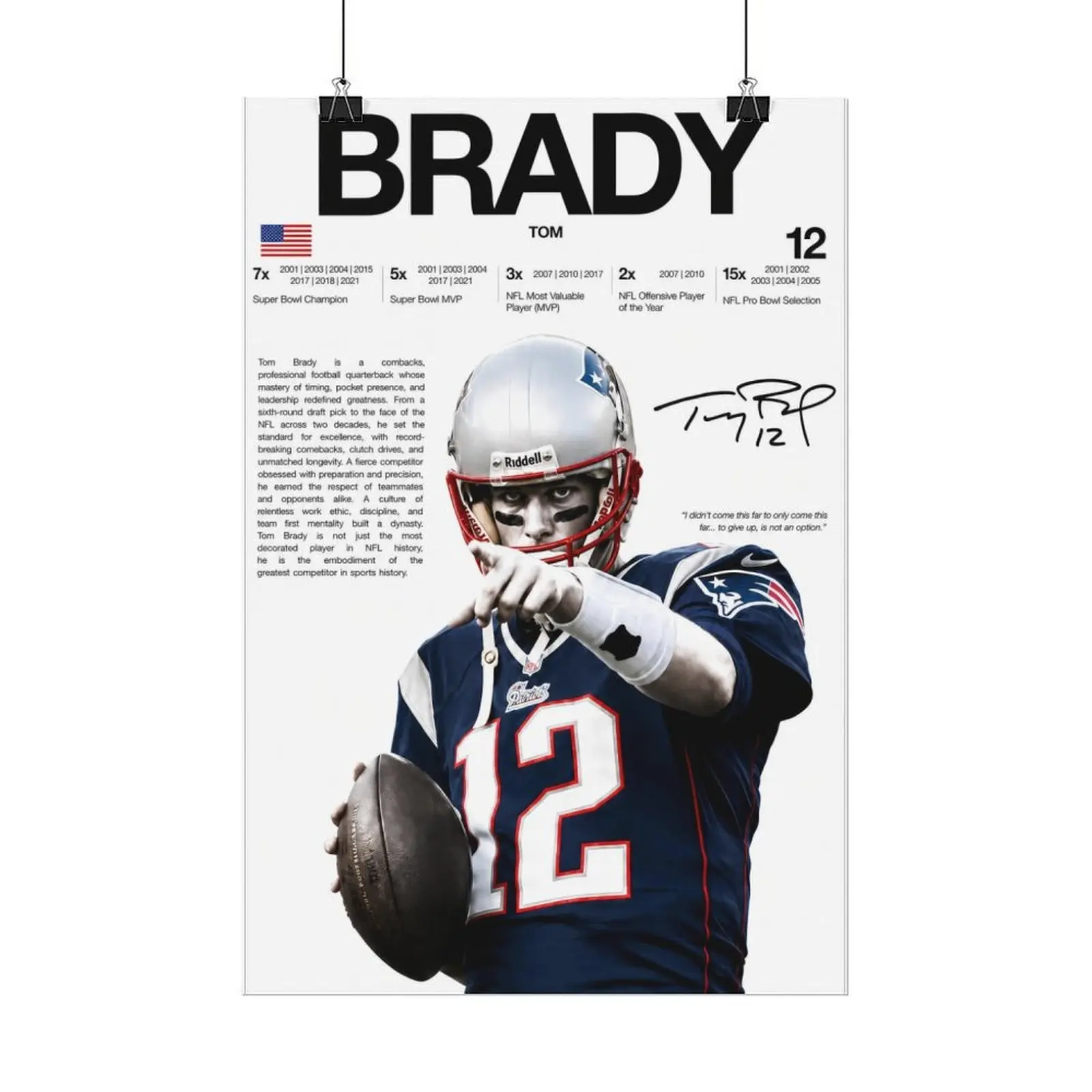 Tom Brady Patriots canvas print, NFL Super Bowl champion stats football wall poster, sports decor for man cave, gym, sports bar