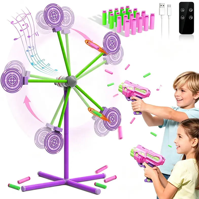 Ferris Wheel Rotating Shooting Target Toy Kit with 2 Blaster Guns, Built-in Li-ion Remote-Controlled Adjustable-Speed Target, Safe Soft Darts, Indoor/Outdoor Carnival Game, Gift for Kids Age 6+ (Compatible with Most Foam Blasters)