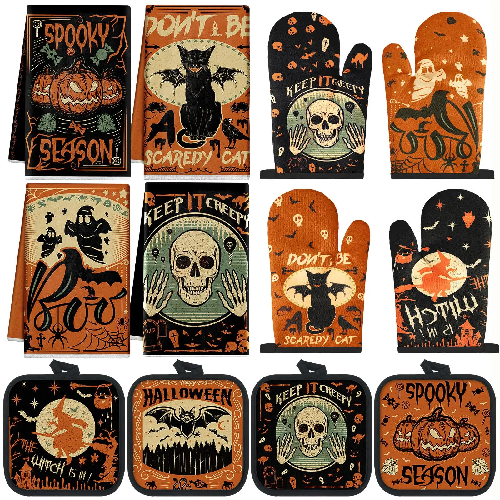 10/12 Pcs Vintage Halloween Kitchen Decor Towels and Oven Mitt Sets Include Pumpkin Oven Mitts & Microfiber Dish Towels & Heat Resistant Witch Pot Holders Cooking Accessories for Fall Gifts Kitchen MustHaves Decoration Bakeware Classic