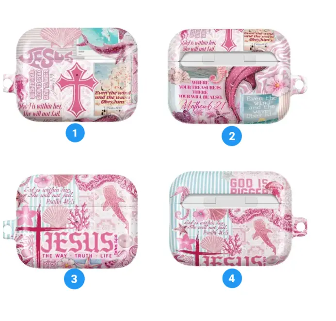 [Christian Ocean Style] Jesus Shark AirPods Case for AirPods Pro 3/2/1 & AirPods 4/3/2/1, Pink Bible Verse Faith Cross Soft TPU Shockproof Protective Cover, Wireless Charging Compatible, Christian Gift