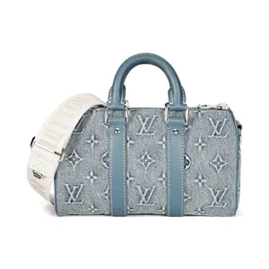 Louis Vuitton Keepall 25 Denim Monogram Handbag for Men – Adjustable Strap, Blue Denim