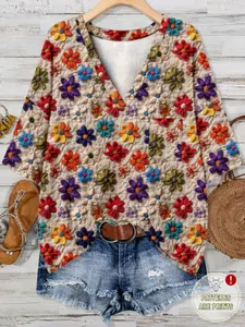 Women's V Neck Casual Loose Fit Short Sleeve Top, Summer Fashion Floral Knit Printed T-Shirt, Versatile Large Size Womenswear Women's Clothing