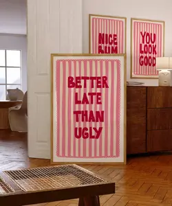 Better Late Than Ugly Pink Bathroom Wall Art Poster Girly Dorm Room Decor Trendy Coquette Bow Print Funny Aesthetic Preppy Wall Art Print Poster