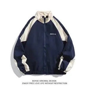 Japanese-StyleRetroColorContrastPatchworkStandCollarJacketMen'sSpringandAutumnFashionBrandLoosePreppyStyleCoupleCasualJacket Aesthetic Blue