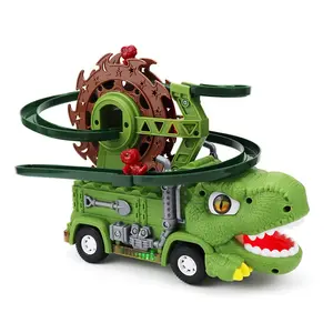 Electric dinosaur rotating ferris wheel track car, universal sound and light music dinosaur car, stair-climbing children's educational toy, fun interactive toy, children's gift, holiday gift (batteries not included, requires three AA batteries)