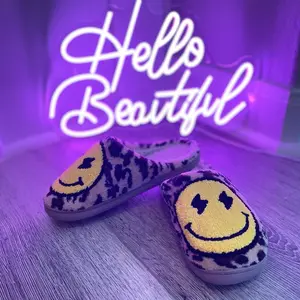 Leopard "Lightning Bolt Eyes" Smiley Face Happy Feet Cozy Slippers Walking Shoes Women Slide