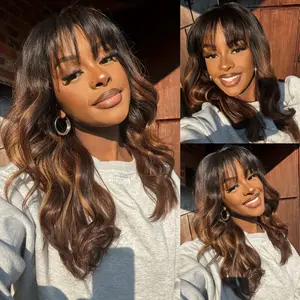The new 2024 is a hot seller Highlight Wig Human Hair With Bangs Ombre Colored Wig Loose Body Wave Full Machine Made Wig Brazilian Virgin Hair Wigs Pre Plucked Baby Hair For Women