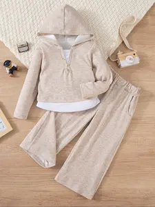Girls' Casual Sports Set, Casual Outfit Set, Hooded Jacket + Mock Two-Piece Inner Layer, Soft Comfortable Fit for Spring & Fall, Toddler Ages 2-10