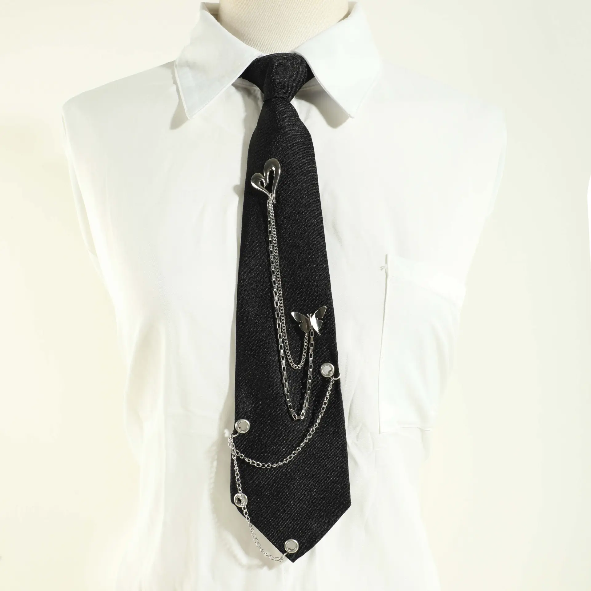 Y2K Gothic Heart & Butterfly Chain Pre-tied Tie, Black Satin Necktie with Layered Chains for JK & Alt Fashion