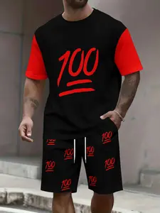 Men's Colorblock Digital Print Casual Set, Trendy Street Style Short Sleeve Shorts Two-Piece Set, Daily/commute/streetwear