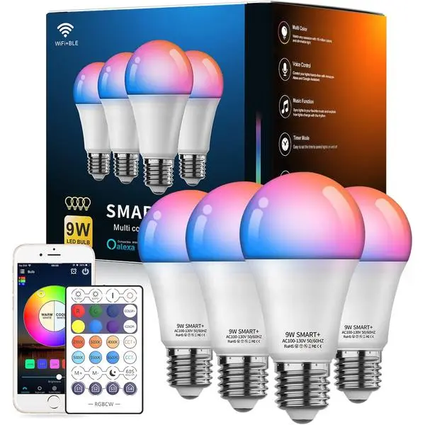 Smart Light Bulbs, WiFi & Bluetooth 5.0, Work with Alexa Google Assistant, App Control, Color Changing LED Bulb,E26 800LM Dimmable RGB Lights, Smart Home Lighting, Dimmable, 4Pack with Remote