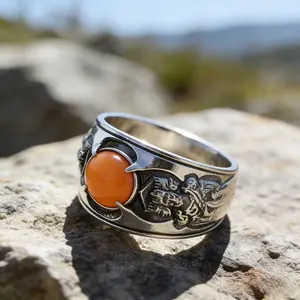 Fantasy Warrior Orange Synthetic Gemstone Ring, Vintage Wide Band Ring, Shadow Series, Tribal Totem Statement Jewelry, Fantasy-Themed Ring