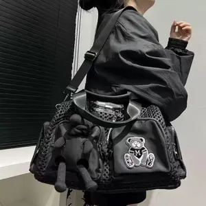 Large-capacity multifunctional handbag and short trip bag, featuring a cute real teddy bear accessory, breathable and comfortable mesh material, sturdy, durable, and fashionable.