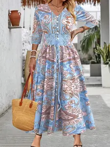 Plus Size Paisley Print Boho Maxi Dress | V-Neck | 3/4 Sleeve | Smocked Waist | Curvy Women Vacation Wear, Casual Wear