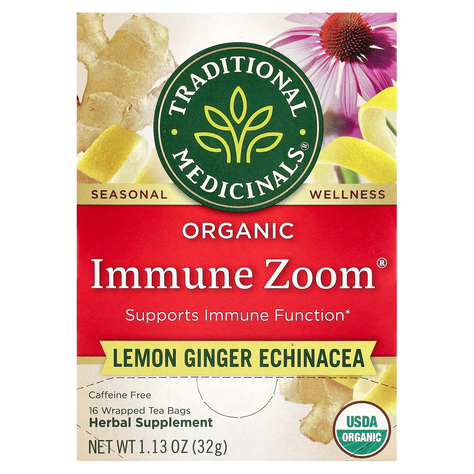 Traditional Medicinals Organic Immune Zoom®, Lemon Ginger Echinacea, Caffeine Free, 16 Wrapped Tea Bags, 1.13 oz (32 g)