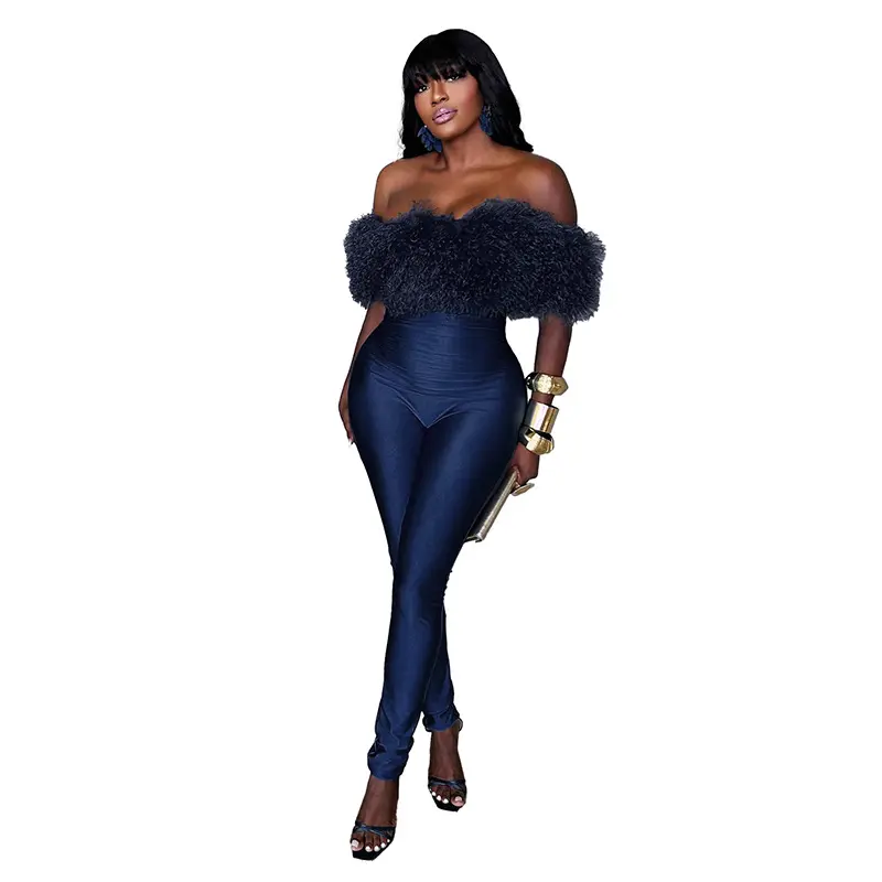 Women's Off-Shoulder Jumpsuit, Sporty Chic Sleeveless Cropped Bodycon for Casual Exercise, Stretch Fabric with Faux Fur Collar, Casual Exercise Jumpsuit