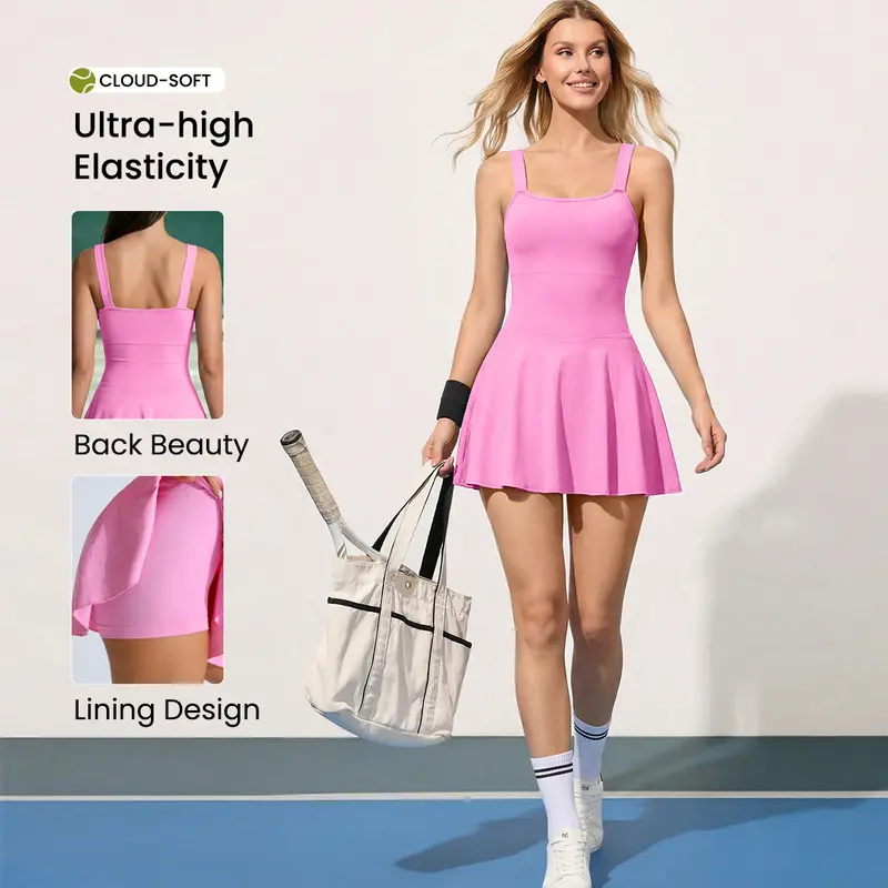TCVC Women's Tennis Dress with Built-in Shorts, Cloud-Soft High Elasticity Athletic Dress for Summer, Squareneck Workout Golf Dress for Sports & Casual Wear