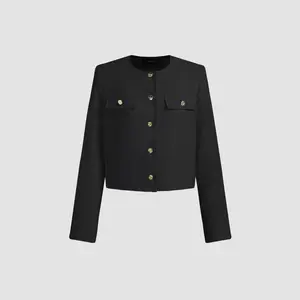 Cider [2 colors, size 2-10] Tweed Round Neckline Solid Button Jacket