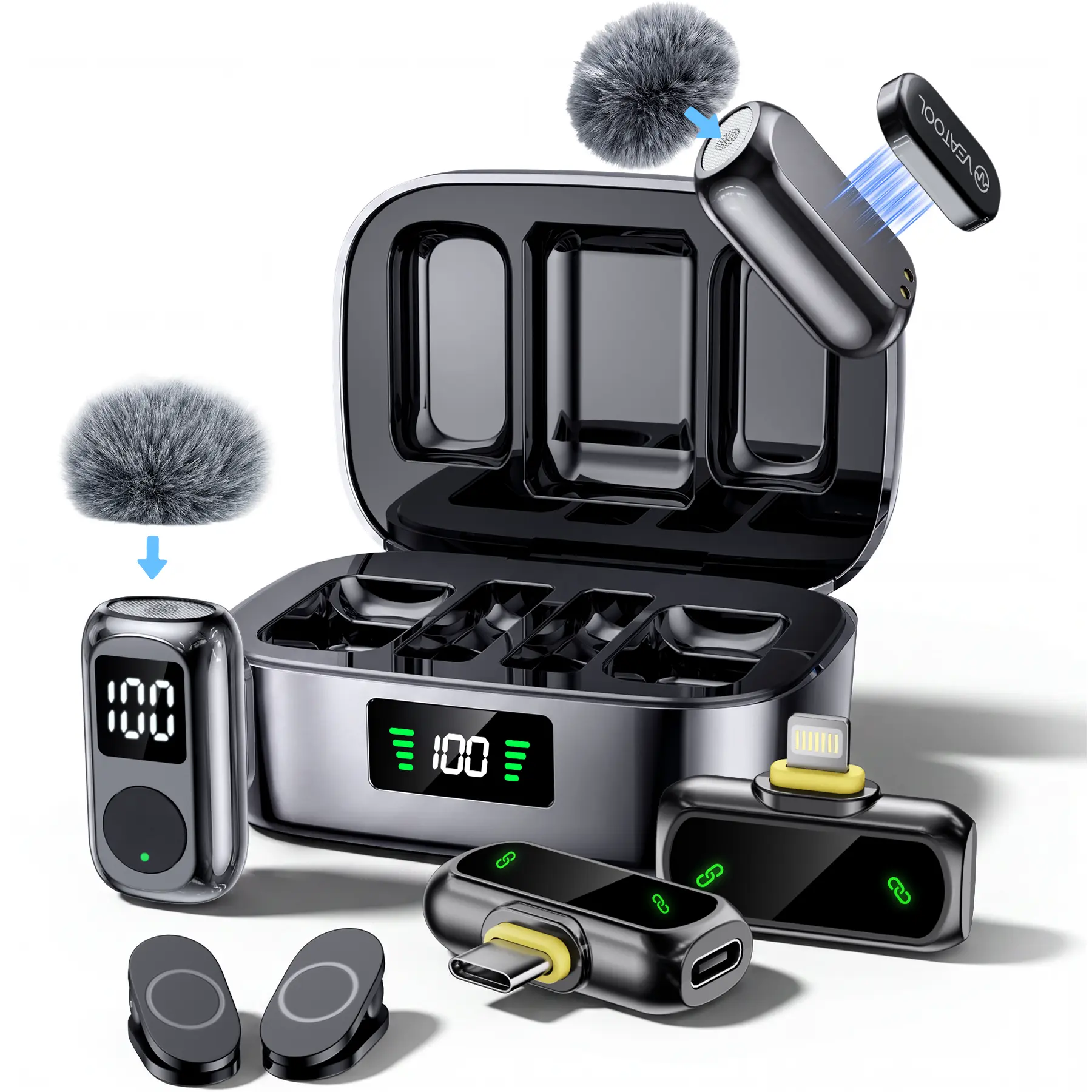 QY88  Wireless Lavalier Microphone for iPhone/iPad/Android, USB-C Noise-Canceling Clip-On 45H Charging Case, Vlogging/Podcast/YouTube/TikTok (2TX+2RX)