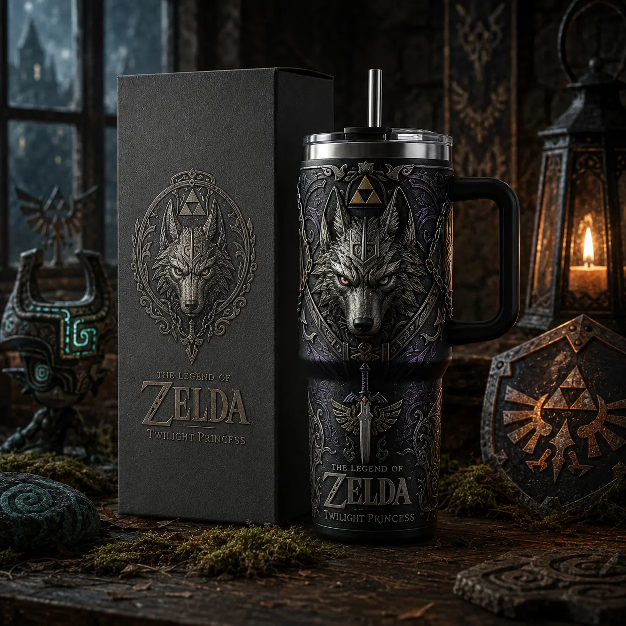 The Legend of Zelda Twilight Princess 40oz Tumbler with Handle & Straw, Wolf Link Triforce Stainless Steel Vacuum Insulated Travel Mug, Gaming Cup, Zelda Fan Gift