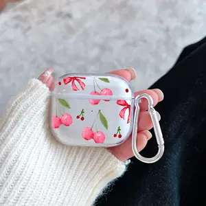 Cherry Bow Delight Pattern Protective Case for AirPods 4/3/2/1/Pro/Pro2 Soft TPU Earphone Cover, Transparent with Keychain