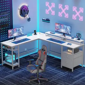 66” L Shaped Gaming Desk with Power Outlet, Reversible Corner Computer Desk with 2 Monitor Stands, File Drawer & Storage Shelves for Gaming Setup
