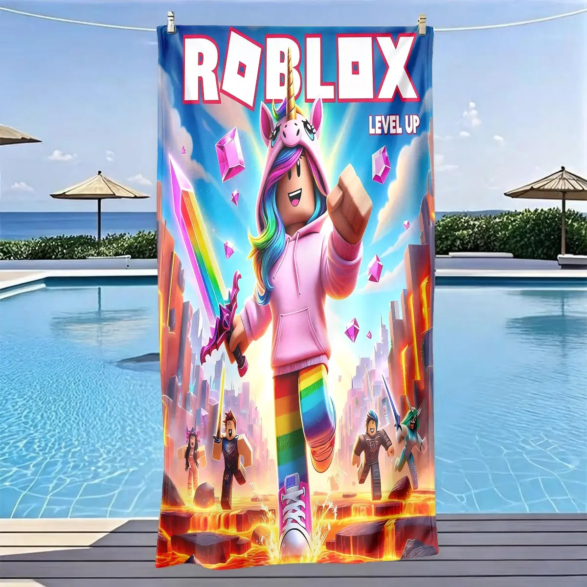 Roblox Unicorn Character Beach Towel, Quick-Dry Ultra-Soft Polyester Fiber, Multi-Purpose Yoga Travel Swimming Camping, Best Gift