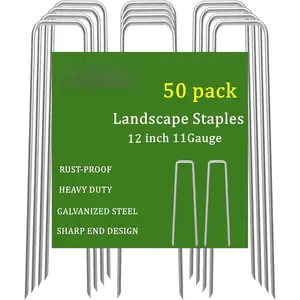 12" Garden Stakes Pins Landscape Staples 11Ga Tent Stakes 200Pack, Heavy Duty Galvanized Steel Metal Yard Stakes Ground Lawn Staples Fence Anchors for Weed Barrier Fabric