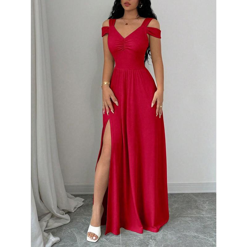 SHEIN Raffinéa V-Neck Cinched Waist Vintage French Style Women Dress For New Year Clothes Maxi Women Outfit