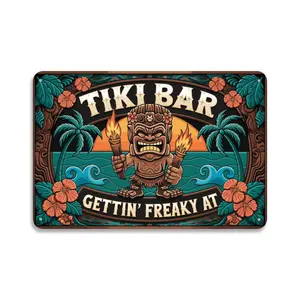 Tiki Bar Tropical Hawaiian Getaway  Tin Sign， Vintage Tiki God with Torches Metal Sign Print Aesthetic Room Decoration for Home Bedroom Kitchen Dorm Bathroom Wall Decor 8 X 12 ， Easy to Hang