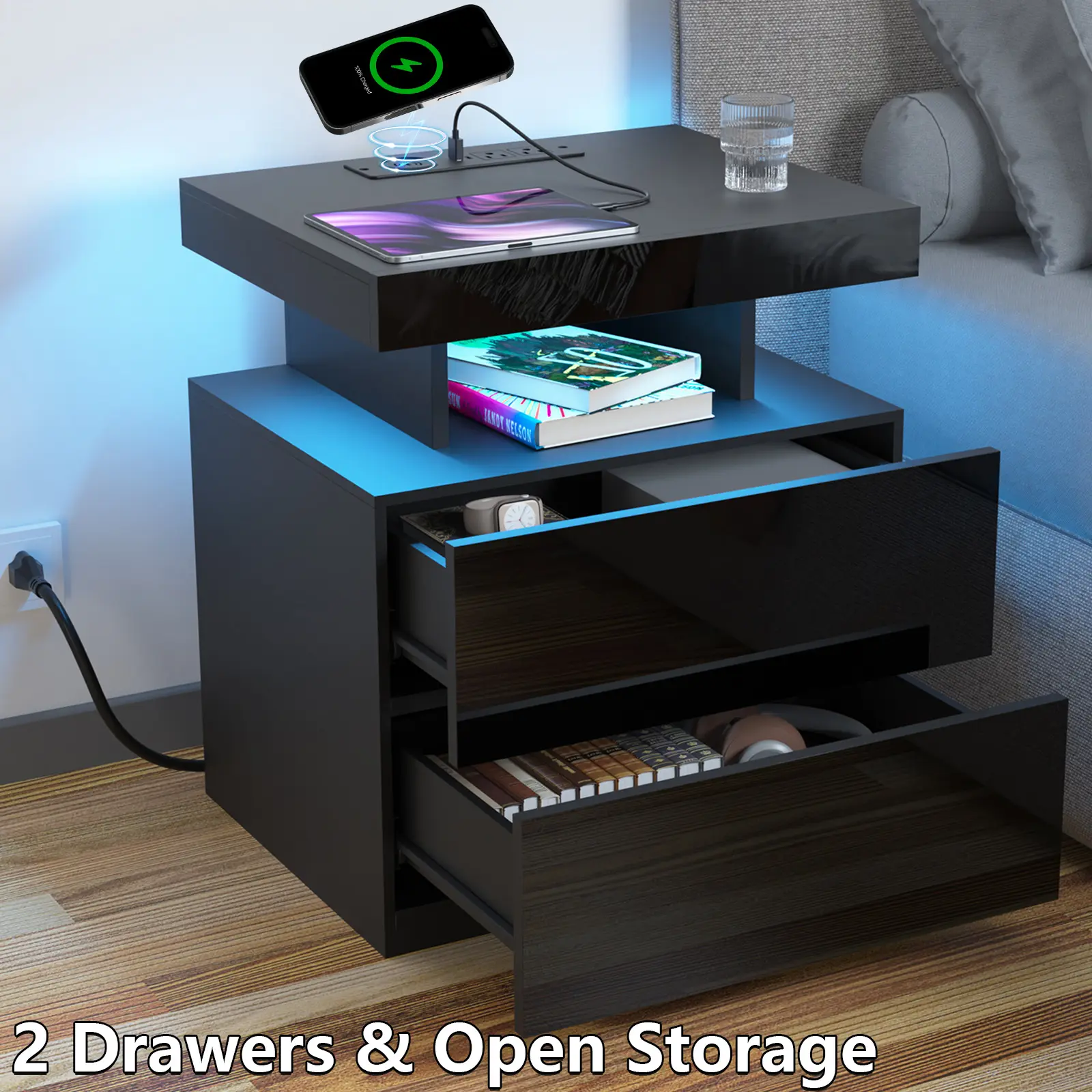 Black with 2 Drawers & one open Shelf