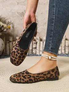 Women's Fashion Flat Shoes, Casual Shoes, Leopard Print Design, Textile Material, Spring Summer Suitable, Open Toe Soft Sole Slippers