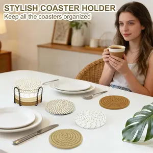 8PCS Drink Coasters with Holder, Absorbent Woven Cotton Coaster Set for Table Decor for Kitchen, Dining Room, Living Room, Tabletop Protection for Kinds of Cups, Ideal Housewarming Gifts (Brown)