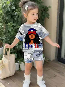 Digital printed Haitian style short-sleeve toddler girls' set for trendy kids, 100% polyester, Summer outfits set, cute casual outfits for infant girls, suitable for daily wear and outdoor sports T-shirts, a perfect gift for babies