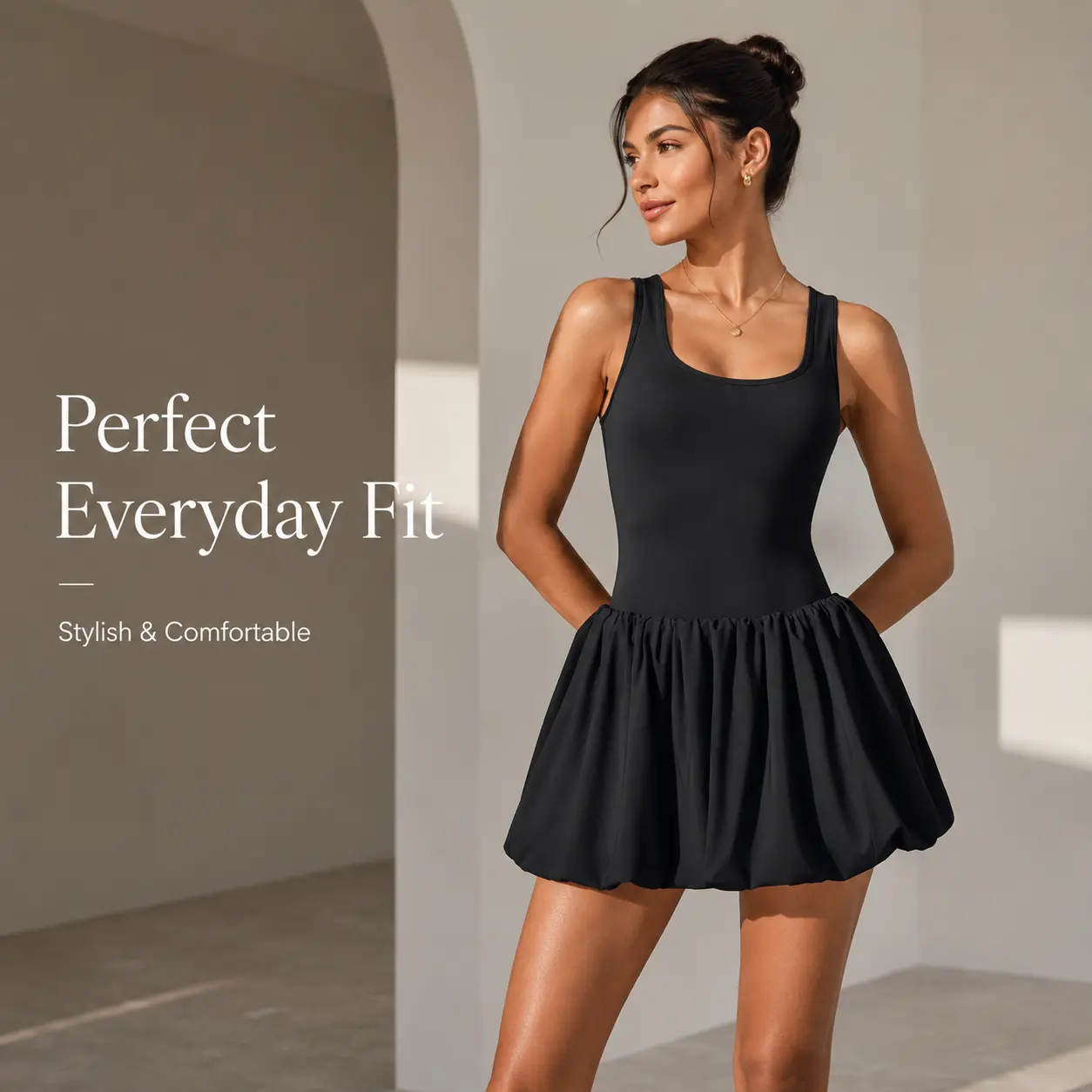 Women's Summer Sleeveless Square Neck A-line Mini Tank Activewear Dress with Flower Bud Edge Hem, Pockets, Phone Pocket, Safety Pants, High Elasticity, Skin-Friendly Durability