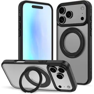 JIACC MagSafe Magnetic 360°Rotation Stand Phone Case For iPhone 17 16 15 14 13 12 Pro Max Plus Air 16E With Ring Holder Frosted Transparent Shockproof Protection Protective Phone Cases Cover