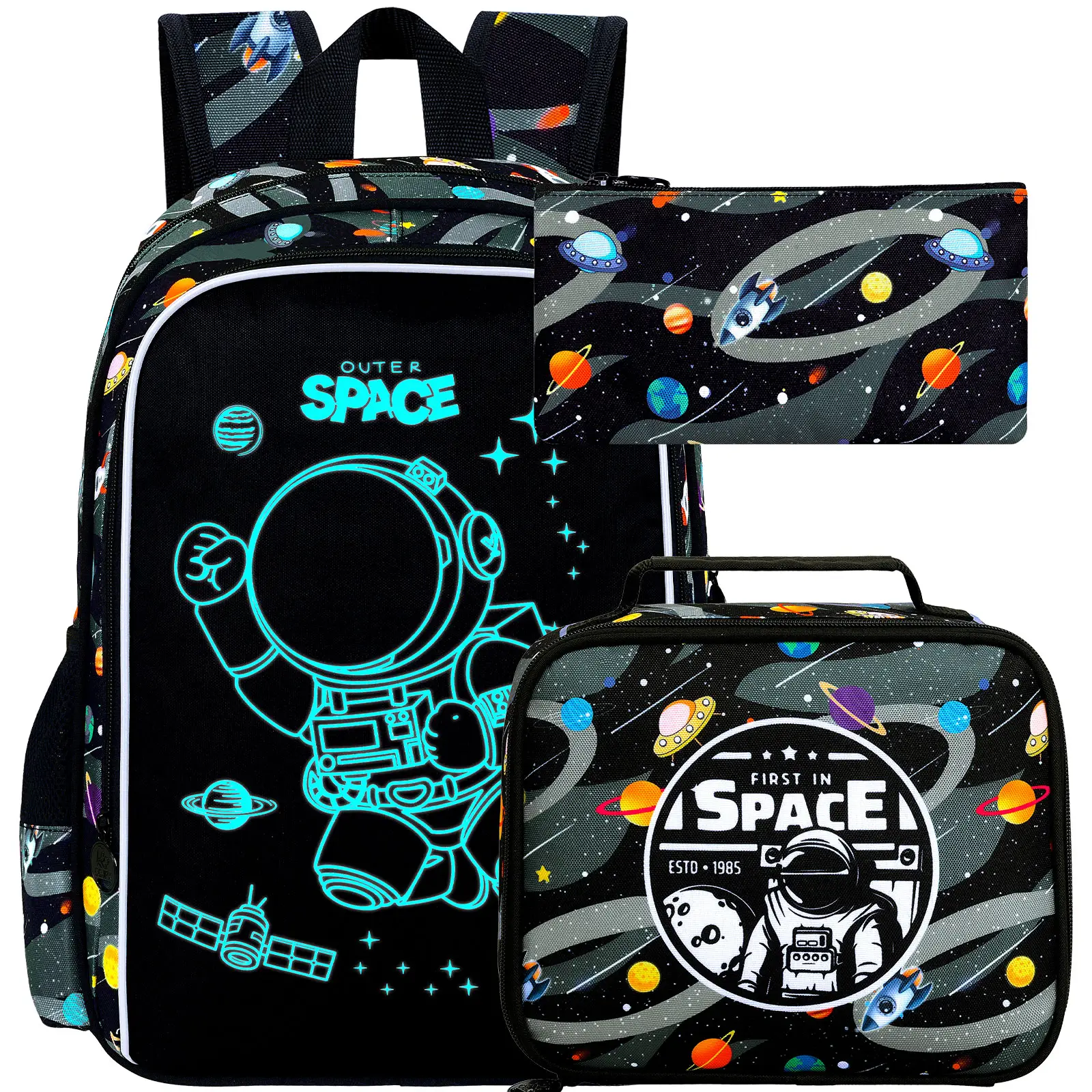 17 Inch Glow in The Dark Backpack, 3Pcs Space Bookbag for Boys With Lunch Box, School Laptop Backpacks Set For Teens(Blue)