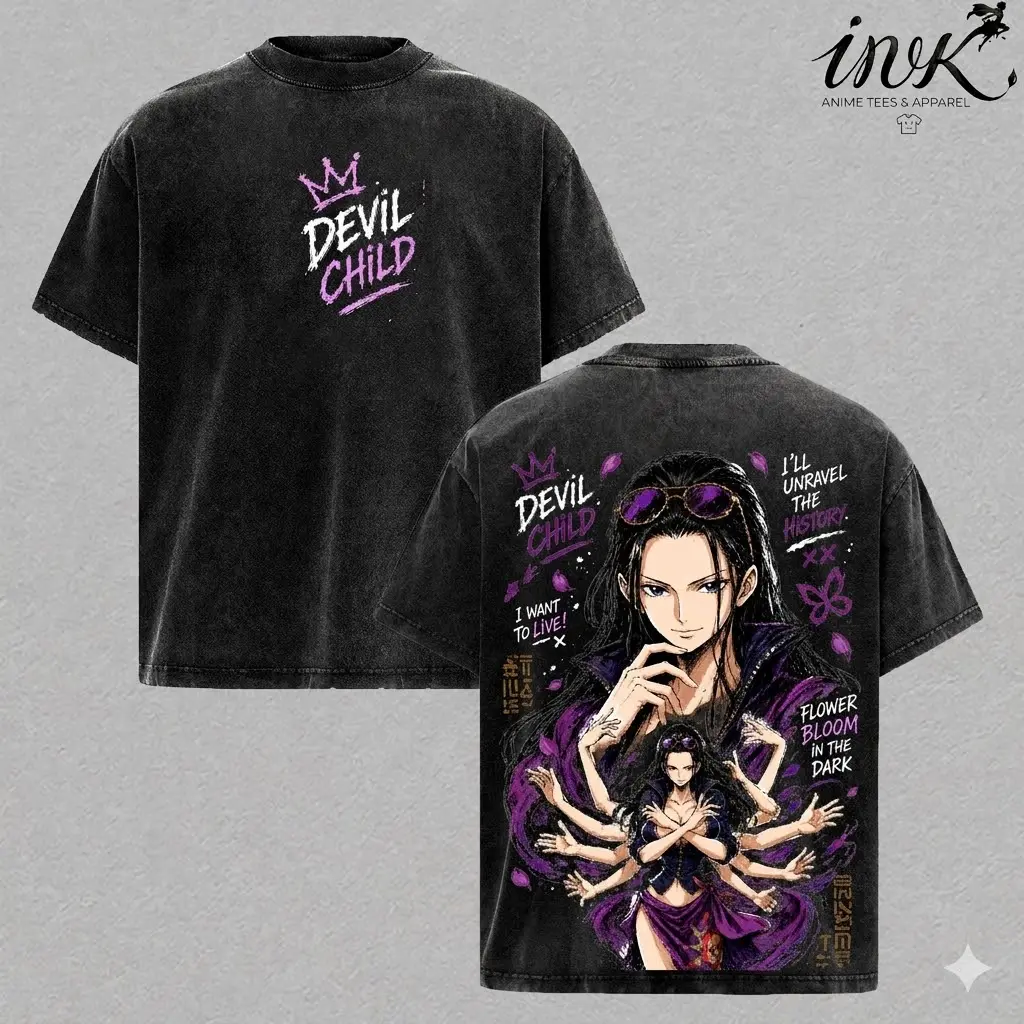 Nico Robin Vintage Washed Oversized T-Shirt – Anime Archaeologist Graphic Tee, Flower Demon Manga Art Shirt, Casual Streetwear Apparel, Unisex Top, Gift for Anime Fans