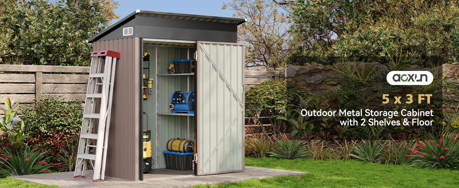 Aoxun 5x3 Waterproof Metal Outdoor Storage Shed, Lockable Doors, Adjustable Shelves, Floor Base, Sloping Roof, 54.33"w x 72.82"h x 29.1"d for Patio, Backyard, Water Resistant