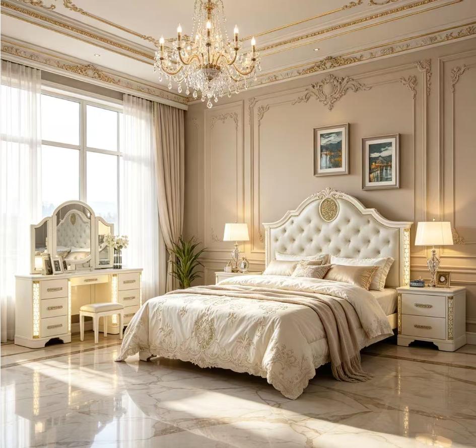 Bellemave JASMINE Queen 4-Pc LED Wood Vanity Set - Beige Indoor Furniture with Vanity, Dresser, Nightstand, Headboard, LED-Light for Bedroom Decor, Dorm Essentials Bellemave JASMINE Queen 4-Pc LED Wood Vanity Set - Beige Indoor Furniture with Vanity, Dresser, Nightstand, Headboard, LED-Light for Bedroom Decor, Dorm Essentials