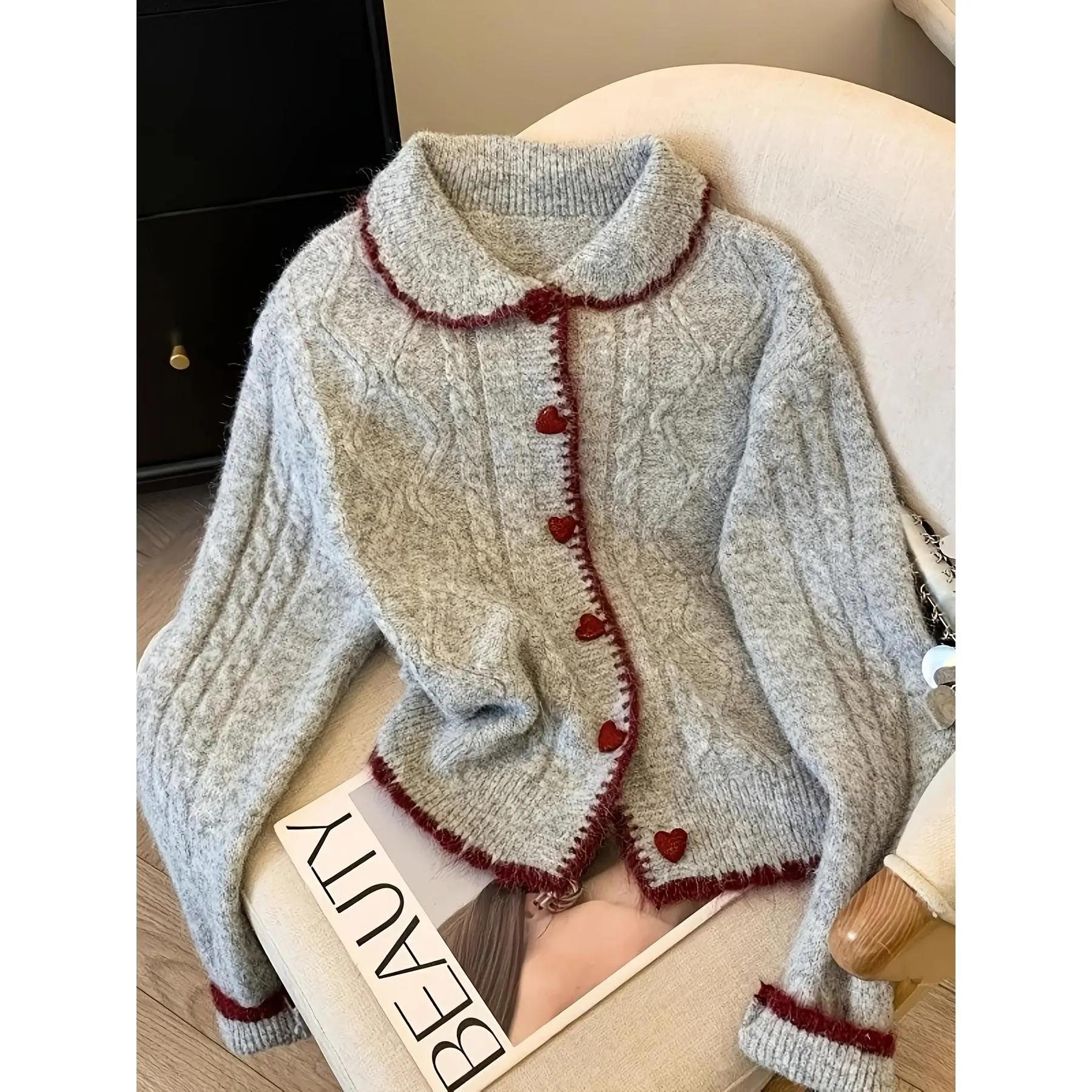 Women'S Spring/Summer Acrylic Knit Cardigan, Sweet Two-Tone Doll Collar, Soft Knitwear Jacket with Solid Color Pattern, Breathable Polyester & Polyamide Blend, Cozy Open Front Top for Petite Frames