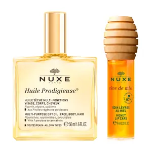NUXE Glow Set – Huile Prodigieuse Mutipurpose Dry Oil 1.6 fl oz & Rêve de Miel Honey Lip Oil 0.33 fl oz | Hydrating, Non-Greasy Dry Oil & Moisturizing, Shiny Lip Oil with Vitamin E