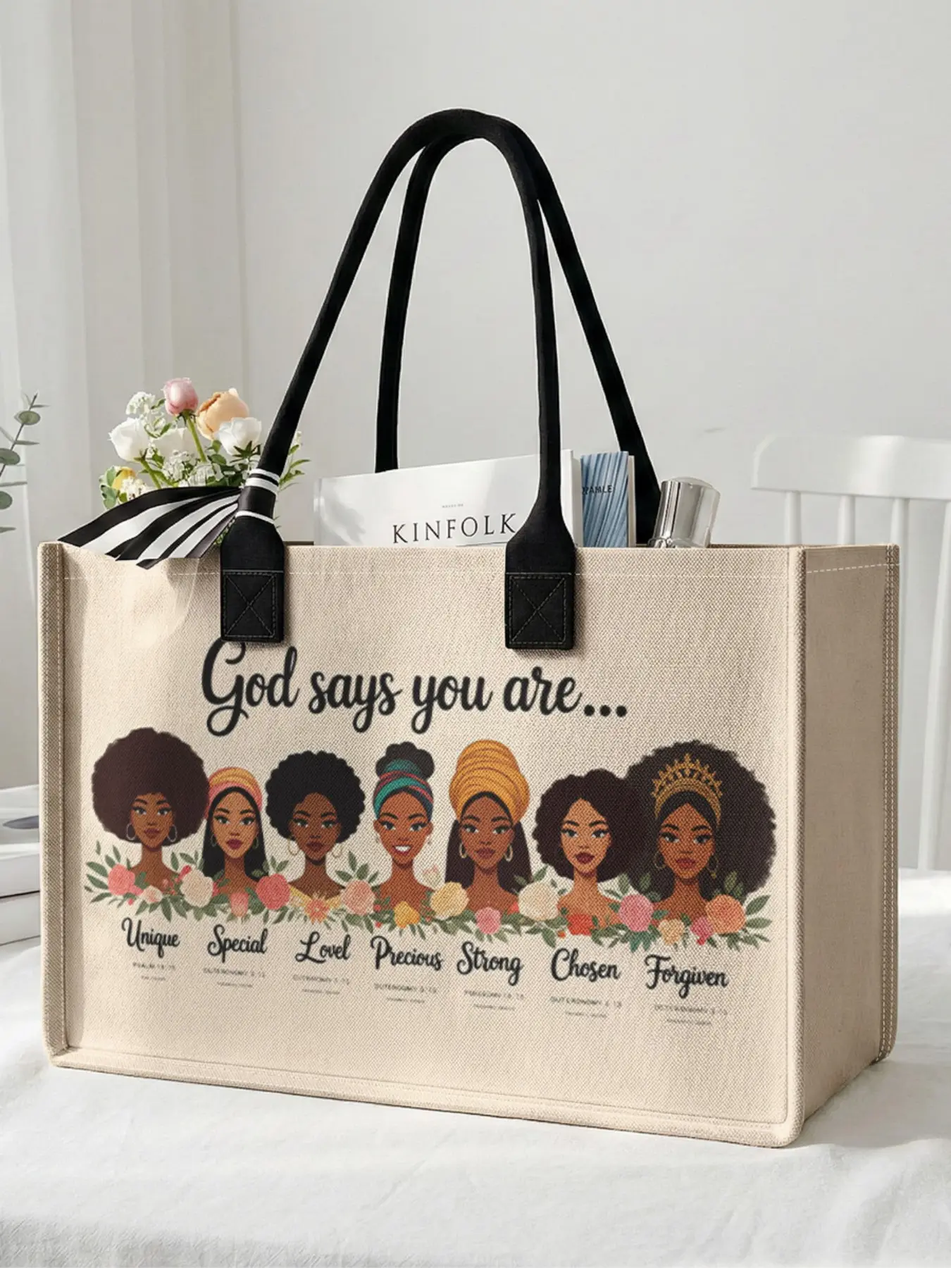 1 piece of black woman portrait 'God says you are' 2D printed large capacity storage bag, extra large storage bag, sturdy handle, space-saving multifunctional, suitable for use at school, on business trips, and shopping