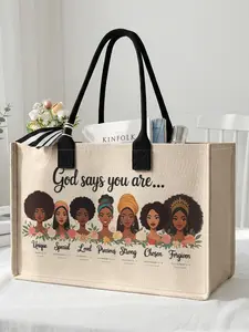 1 piece of black woman portrait 'God says you are' 2D printed large capacity storage bag, Casual Tote Bag, extra large storage bag, sturdy handle, space-saving multifunctional, suitable for use at school, on business trips, and shopping