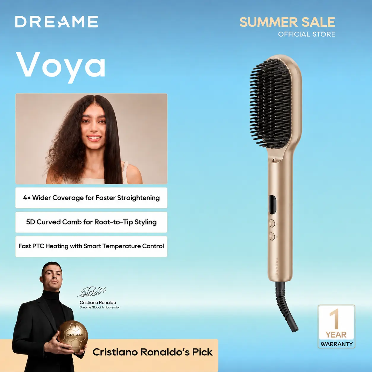 DREAME Voya Heated Straightening Brush, 4x Enhanced Coverage, 254 Multi- Layered Bristles, PTC Heating, NTC Sensor, Anti-Scald 5D Curved Comb, 200M Negative lons, 100-240V