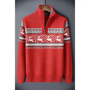 Bmuvlss Men's Red Reindeer & Snowflake Sweater Jacket - Full-Zip Winter Coat with Stand Collar, Loose Fit Casual Coat for Christmas, Lapland-Themed Parties & Cold Weather (Machine Washable) - Warm Knit Outerwear, Winter Clothes For Men, Mens Winter Clothe