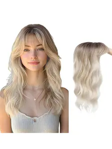 Women's Wig Hair Block, Synthetic Hair Topper, 22 Inch Natural Voluminous Water Wave Long Curly Hair Top Wig Cap Air Bangs Wig Women Replacement Blocks