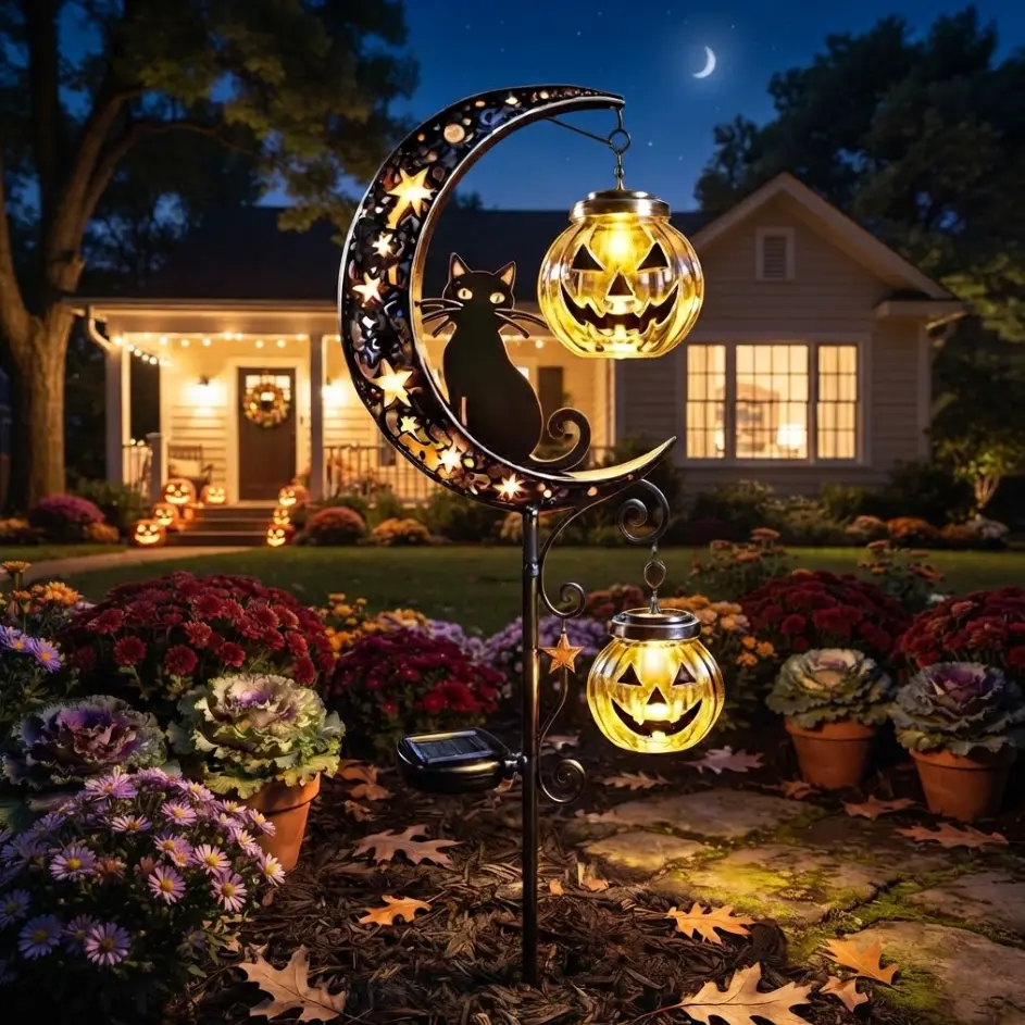 Solar Halloween Garden Stake Light, Moon & Black Cat Design with Glowing Pumpkin Lanterns, Waterproof Outdoor Pathway Decor for Yard, Lawn, Patio, Decorative Spooky Holiday Lighting, Unique Halloween Gift for Home Garden Enthusiasts