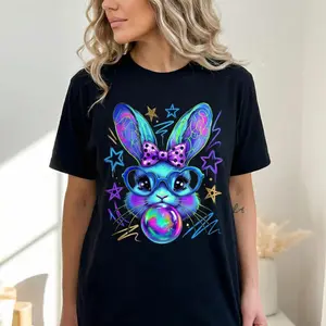 Unisex Happy Easter Bunny Cotton TShirt Featuring Coquette Bow and Brushstroke Design Casual Top with Adorable Bunny Graphic